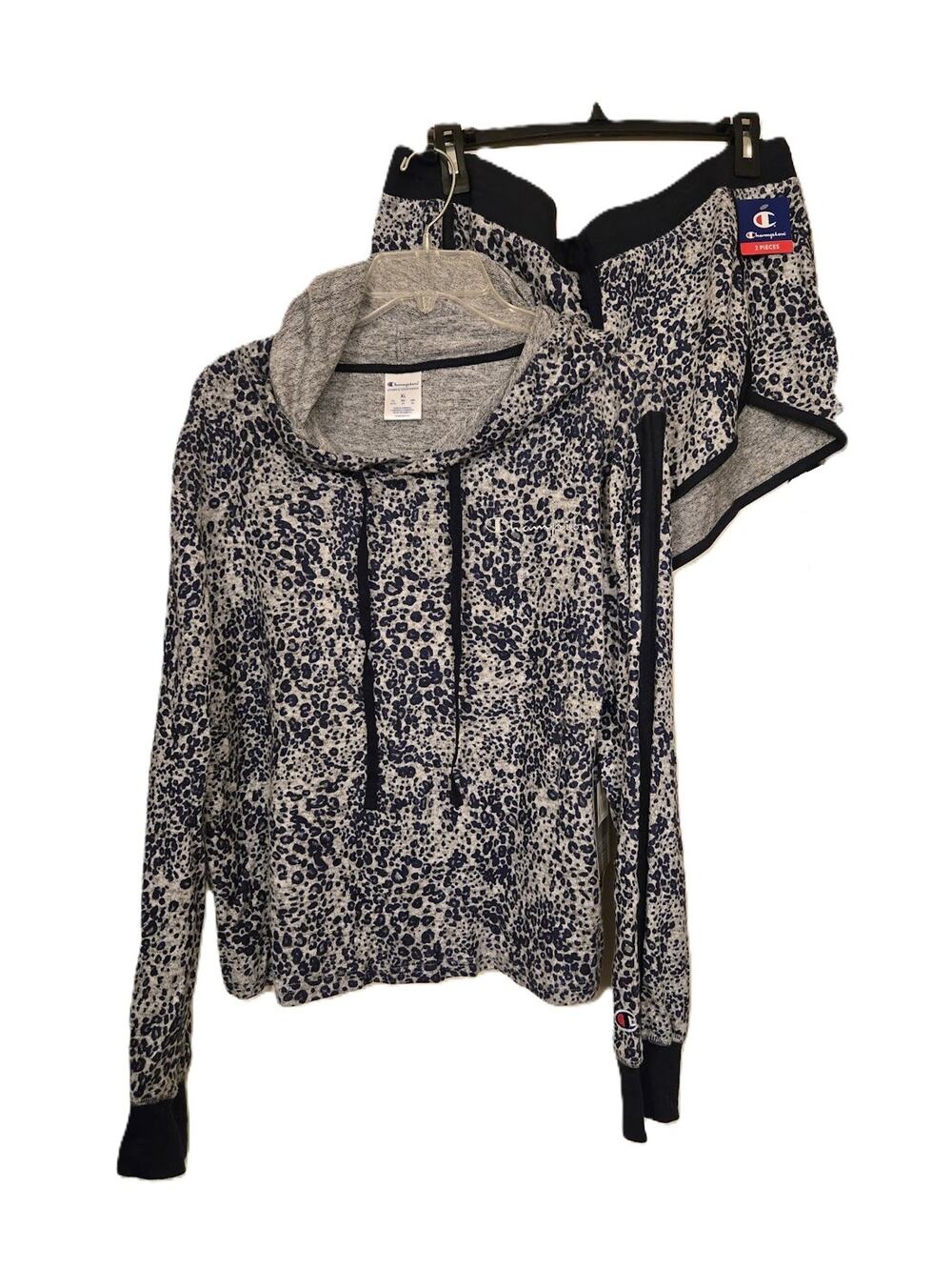 NWT 2 Pc Champion Sleep Set Blue Leopard Print Hoodie & Shorts - Women's Size XL